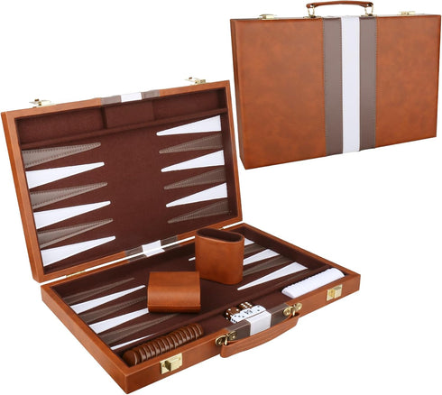 Backgammon Set, Classic Board Game with Premium Leather Case, Portable Travel Strategy Game Set for Adults, Kids (15
