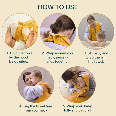 100% 30" 30", Pack 2 Hands-Free Hooded Towel - Organic Premium Muslin Cotton, x Ultra-Absorbent, Soft, Breathable