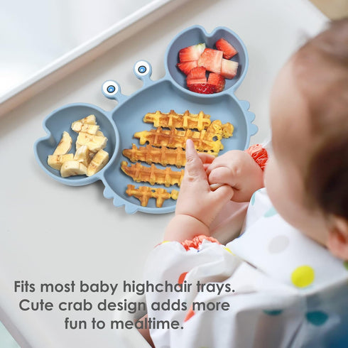 ROCCED Suction Plates for Baby, Silicone Divided Plates with Spoon Fork Set for Toddler Dishes (Crab Dusty Blue)