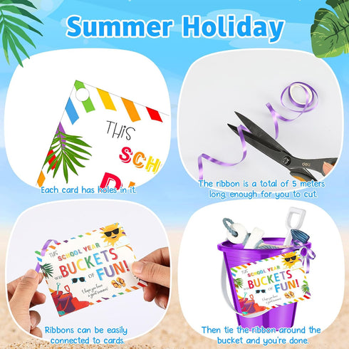 24 End of Year Student Gifts Beach Sand Toy Set with Plastic Buckets, Shovels, Gift Cards, Ribbon, and Beach Pails for