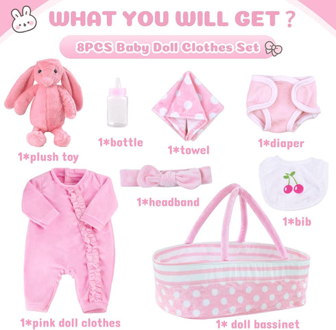 BABESIDE 8 Pcs Reborn Baby Doll Clothes with Bassinet - Outfit Accessories for 17-22 Inch Baby Doll Girl