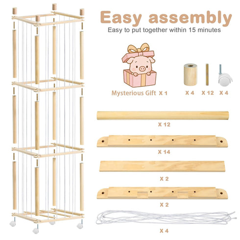 BENCHRY Bedroom-54.3 Inch Stuffed Animal Storage, Wood Stuffed Animal Zoo Storage with Brake Wheels, Space Save Toy