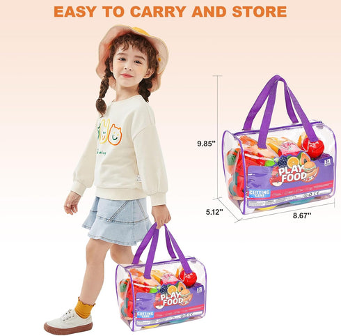 80PCS Sets Set Cutting Play Food for Kids Kitchen, Fake Food Toys with Storage Bag, Toy Food Pretend