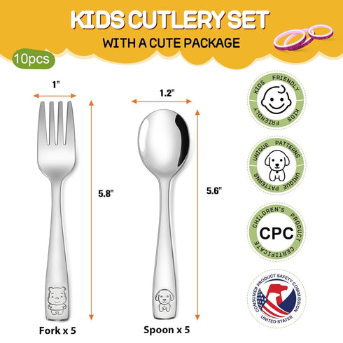 VITEVER 10-Piece Toddler Utensils, Kids Stainless Steel Silverware Set, Children Safe Forks and Spoons - Mirror Polished, Dishwasher Safe by VITEVER
