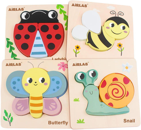 Wooden Toddlers Puzzles - Animal Shape Puzzle Educational Toys Gift for Boys Girls, Pack of 4 with Bag