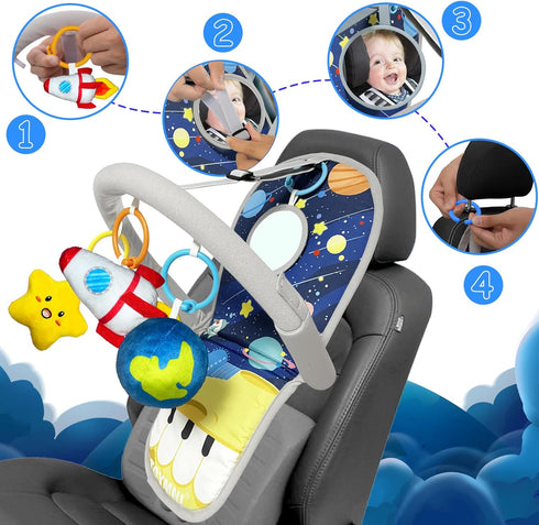 6 6 12 Car Seat Toys for Baby Infant Months and Up, Carseat Toys with Musical Pedal Piano, Baby Mirror and Hanging