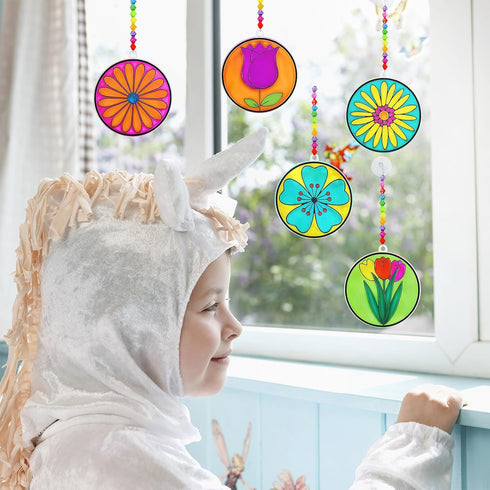 24 Set Winlyn Spring Flower Suncatchers Ornaments Decorations DIY Window Paint Art Kit for Kids Classroom Activities