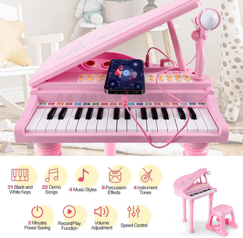 31 Honey Joy Classical Kids Mini Grand Piano w/ Music Stand & Stool, Portable Electronic Piano Educational Musical
