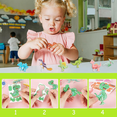 KIMOBER 25Pcs 3D Cartoon Dinosaur Puzzle, DIY Learning Education Jigsaw Toys for Kids
