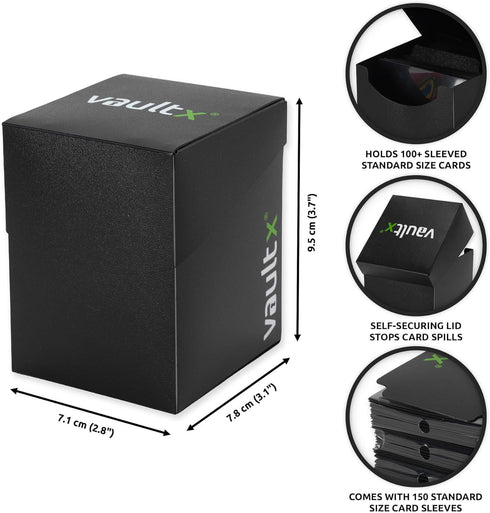 Vault X Trading Card Deck Box with 150 Black Card Sleeves, Fits 100+ Sleeved Cards, Large Standard Storage Box for TCG