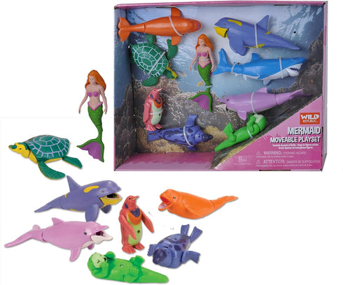 Wild Republic Mermaid Moveable Action Playset, 9-Pieces Aquatic Animals for Kids Gifts