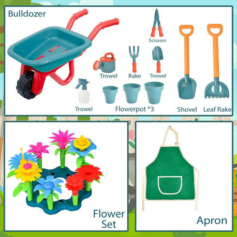 Set Wheelbarrow, Age3+ unanscre Gardening Tool for Kids, with Toddler Watering Can, Spray Bottle, Double Rake, Shovel