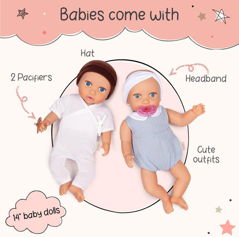 14-inch 2+ LullaBaby Realistic Baby Twin Dolls Fair Skin Tones & Blue Eyes Soft Bodies & Removable Outfits Hat