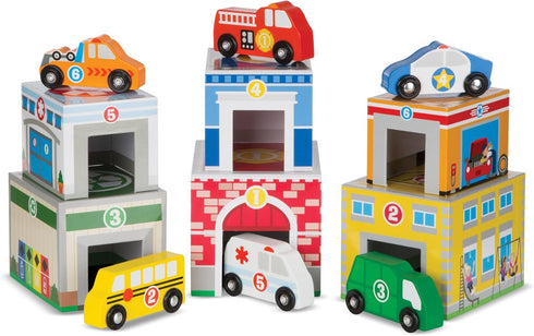 Melissa & Doug Nesting and Sorting Blocks - 6 Buildings, 6 Wooden Vehicles, FSC Certified