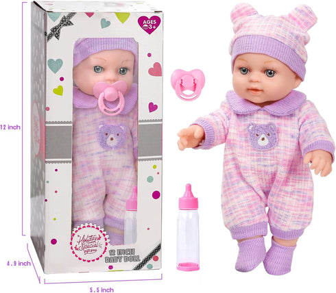 XFEYUE 12'' Backpack Backpack, 3+ Baby Doll with Bear Pattern in Gift Box,Including Clothes Accessories, Baby Bottle