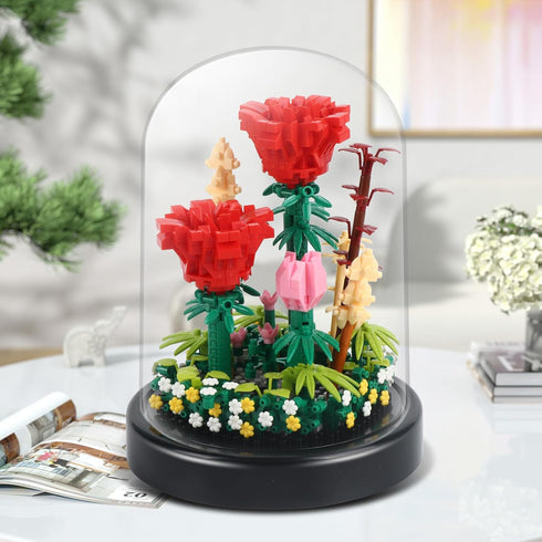 Water Bottle Sets 593 Flower Bouquets Building with LED String Light and Dust Cover, Pcs Flower Mini Brick Block, Red