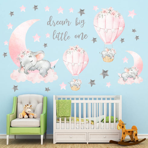 WEWINLE Dream Big Little One Elephant Wall Stickers, Pink Moon Hot Air Balloon Grey Stars Wall Decals for Nursery Kids