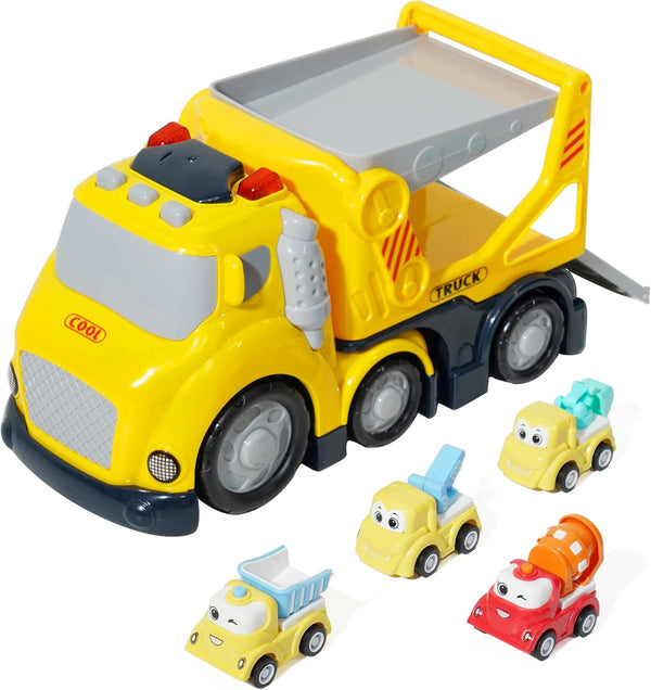 Construction Car Carrier Toys Set for 3-6 Years Old, 4 Small Cartoon Cars, Sound and Light Big Truck with Slide