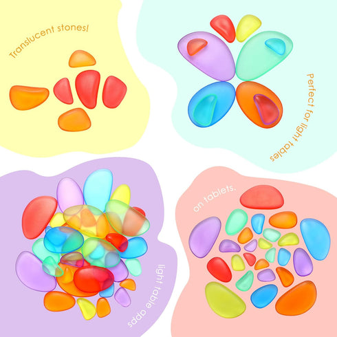 144 Pcs Rainbow Stacking Stones - Translucent Colorful Pebbles for Light Table Toys, Math Manipulatives for Montessori