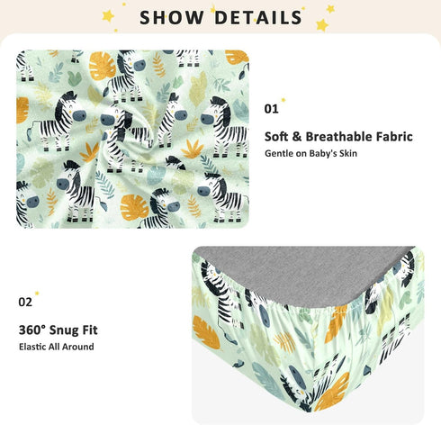 miaozhen 1 Pack 52x28 Cotton Baby Crib Sheets for Boys Girls Soft Comfy Funny Jungle Zebras Green Playard Mattress