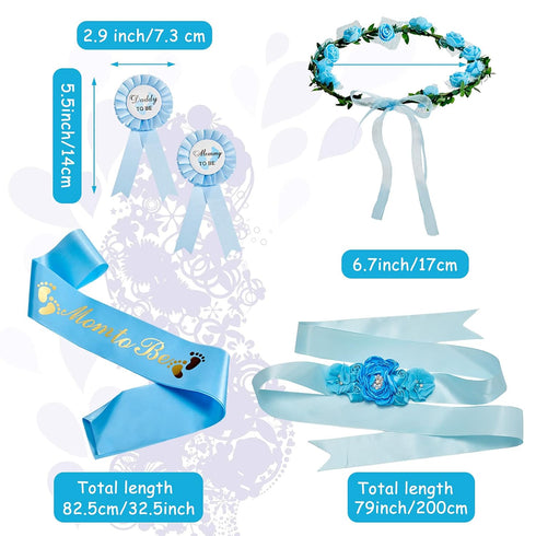 Xinnun Baby Shower Maternity Sash Kit - 5 Pcs Blue Shoulder Sash, Daddy Corsages, Flower Crown, Rose Wreath Headdress