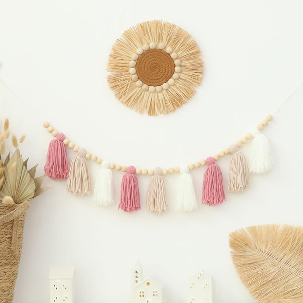 Boho Yarn Tassel Garland Pink Banner with Wood Beads Wall Hanging for