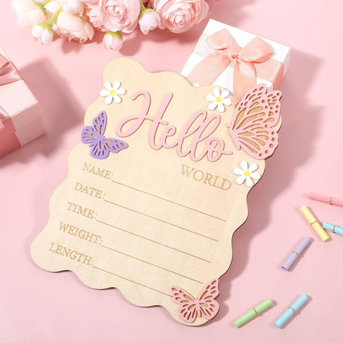 Yuomeaz Baby Arrival Sign, Newborn Announcement Sign, Wooden Hello World Newborn Signs Pink Butterfly Baby Birth