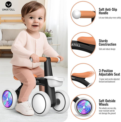1 12-24 Umatoll Colorful Lighting Baby Balance Bike Toys for Year Old Boys Gifts, Adjustable Seat Baby Walker, One Year
