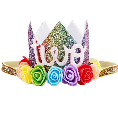 Baby Girl Glitter 1 2 3 First Birthday Rainbow Flower Crown Hat Floral Tiara Headband