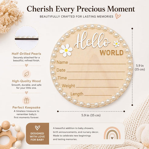 Pearl-Trimmed Wonhibo Newborn Announcement Sign - Baby Hospital Photo Prop Wooden Name Board Card for Birth Welcome