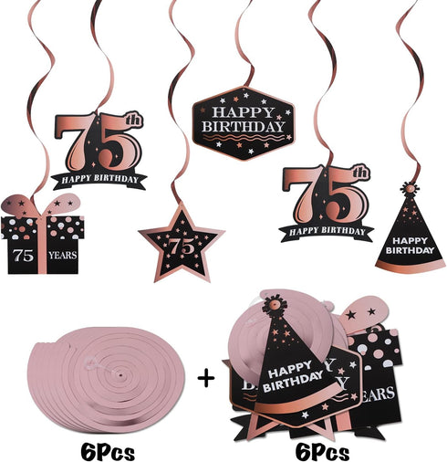 LINGTEER Happy 75th Birthday Decorations, 12Pcs Black & Rose Gold Swirls Streamer Set for 75 Years Old Bday Party