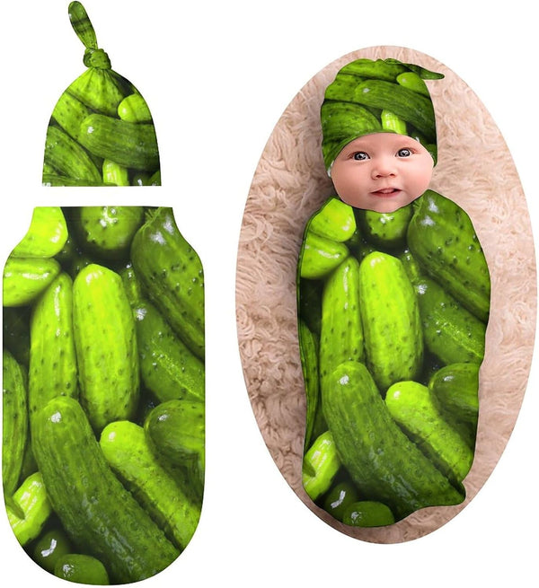 3D Funny Realistic Food Green Pickles Cucumbers Newborn Baby Swaddle Blanket with Beanie Hat