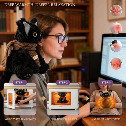 1 lb Cozy KOWSI Microwavable Heating Pad Black Cat Plush - Weighted Stuffed Animal Toy with Tourmaline Beads & Lavender