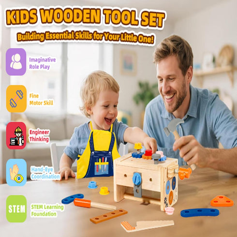 Set 39 2 3 4 3-5 TONZE Kids Tool with Apron, PCS Wooden Toddler Tool Bench Box Montessori Toys for Year Old Boys Girls