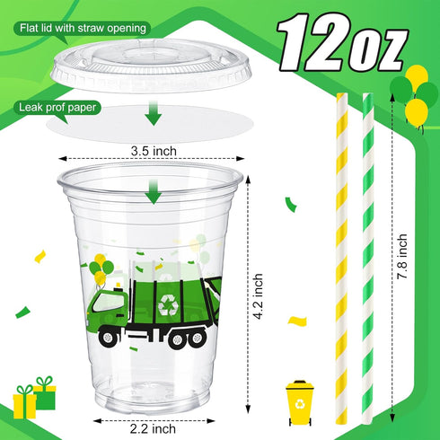 50 12 oz Domensi Pcs Garbage Truck Birthday Party Plastic Cup Garbage Car Thick Clear Cup Truck Mugs Trash Car Birthday