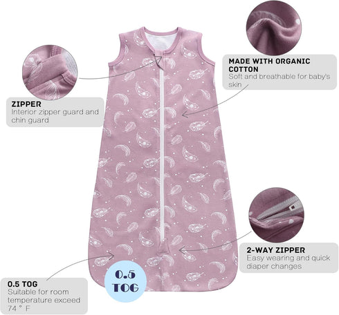 Owlivia Organic Cotton Baby Sleep Sack, 2-Way Zipper Wearable Blanket, Unisex (Feather Mauve, 3-12 Months)