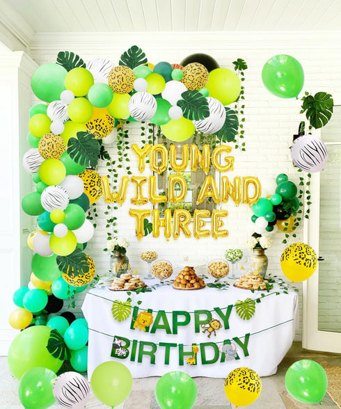 JOYMEMO Jungle Theme 3rd Birthday Decorations, Safari Balloon Garland with Wild Animal Foil Balloons and Banner