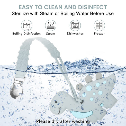 MISSLILI Teething Toys for Babies 0-6 & 6-12 Months, Dinosaur Shape Silicone Teether with Clip (Gray)
