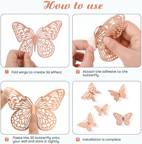3D Gold Butterfly Wall Decor, 4 Styles 3 Sizes Removable Stickers for Party Decorations, Cake Decor, Metallic Kids Room
