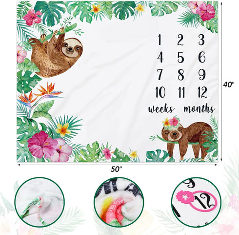 Watercolor Flowers Jungle Baby Sloth Monthly Milestone Blanket - Soft Fleece Blanket for Baby Girls - Perfect Age Photo Props and Newborn Baby Gift Idea by Gicoherero