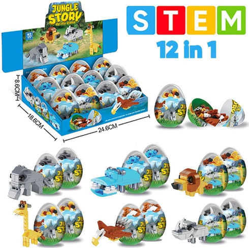 Wild Safari Toys - 12 Surprise Animal Eggs Standard Size Building Blocks STEM Toys - Educational Kids 3D Puzzle Party