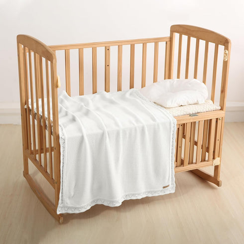Knitted Baby Blanket, 100% Cotton Receiving Swaddle Crib Blanket, 40 x 31 Inch, White for Newborns