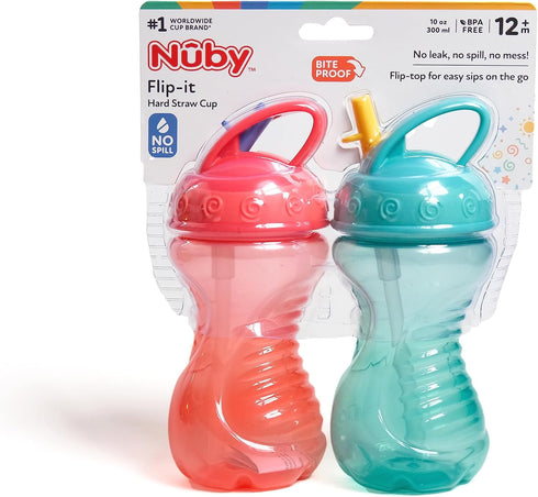 Nuby 2-Pack Easy Grip Cups with Easy-Flo Straw, 10 Ounce, Colors May Vary
