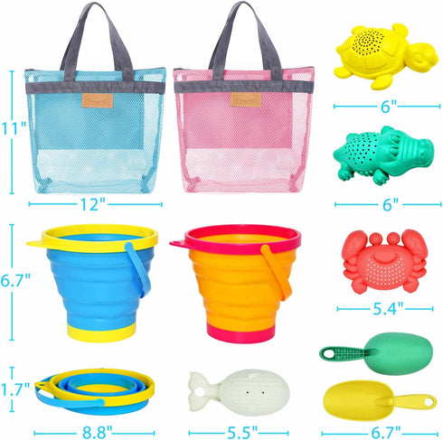 Set Collapsible Beach Toys for Kids Toddlers, Collapsible Sand Buckets Shovels with Mesh Bags and Sand Molds, Foldable