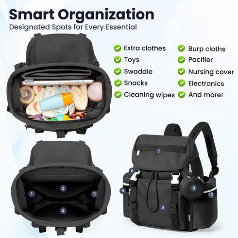 COOLREX Backpack 14L) Diaper Bag with Changing Pad, Pacifier Case & Stroller Straps (Black