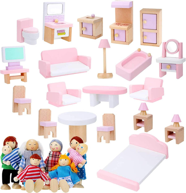 Sumind 30 Pcs Wooden Dollhouse Furniture Family Set - 8 Mini People Figures Dollhouse Accessories for Imaginative Play