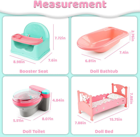 deAO Baby Doll Play Set, 25 PCS Accessories with Chair, Booster Seat, High Crib Toy, Toilet, and Bathtub