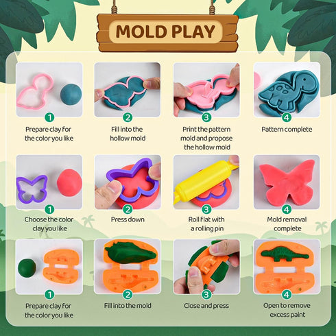 Playset, 55PCS 3-8 Dinosaur Toys Kids Dough Dino Toys Kit with Molds & Clay, Make Dinosaurs or Create Your Own Models