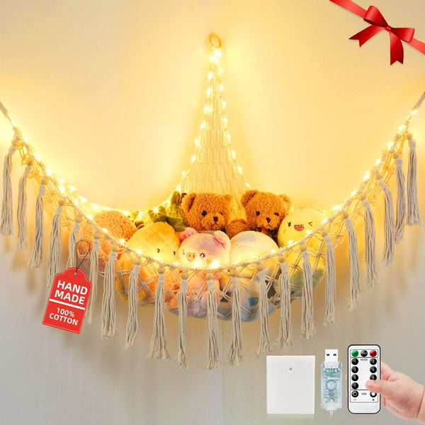 Stuffed Animal Hammock with 75LEDs, Extra Large 55in Toy Storage Macrame Hammock,