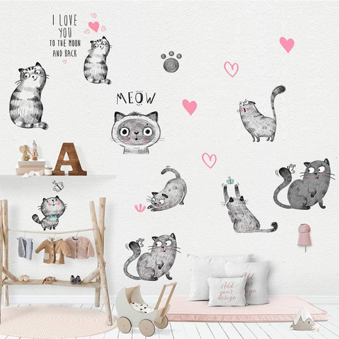 Cartoon Cats Wall Decals - MAIYU 9 Cute Kittens with Butterfly Heart Paw Print Stickers for Kids Room